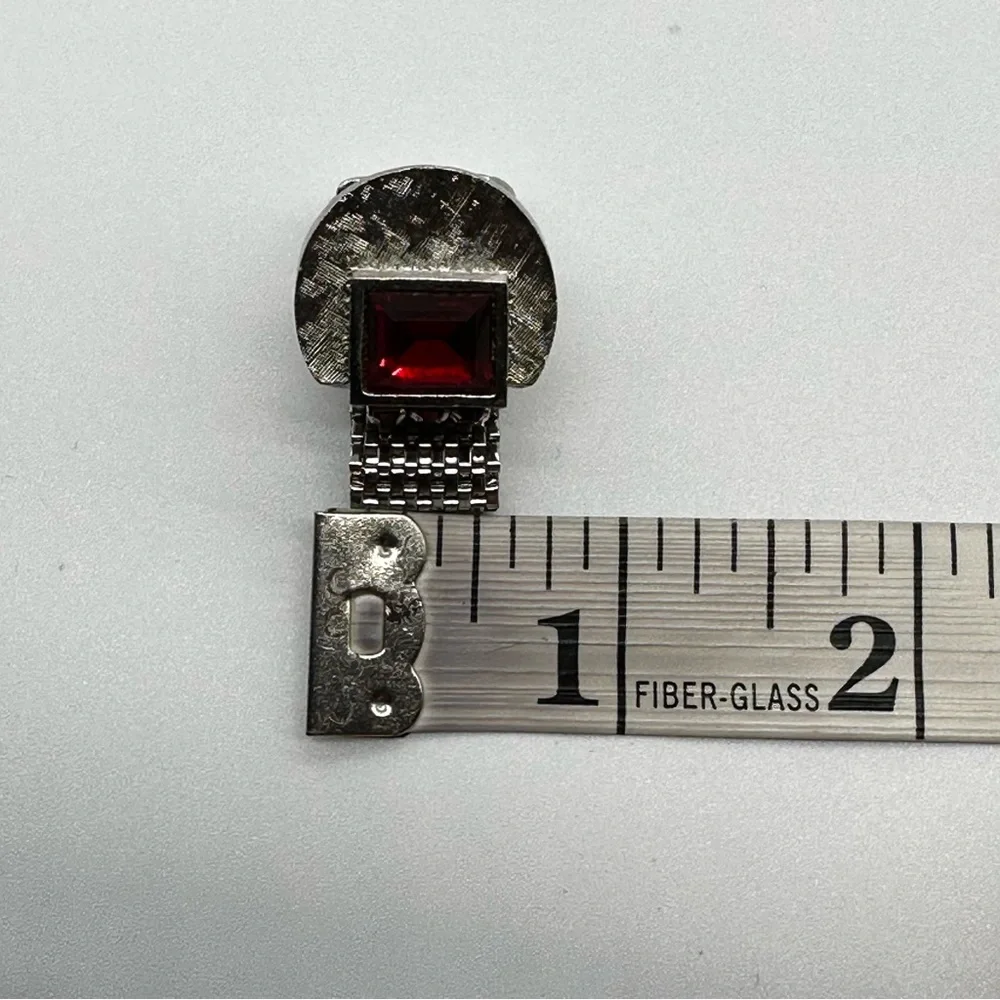 Vintage Mesh Brushed Silver Tone Red Jeweled Cufflinks